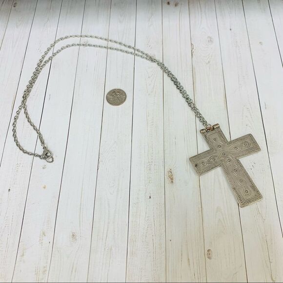 Silver Large Etched Cross Necklace - Picture 1 of 3